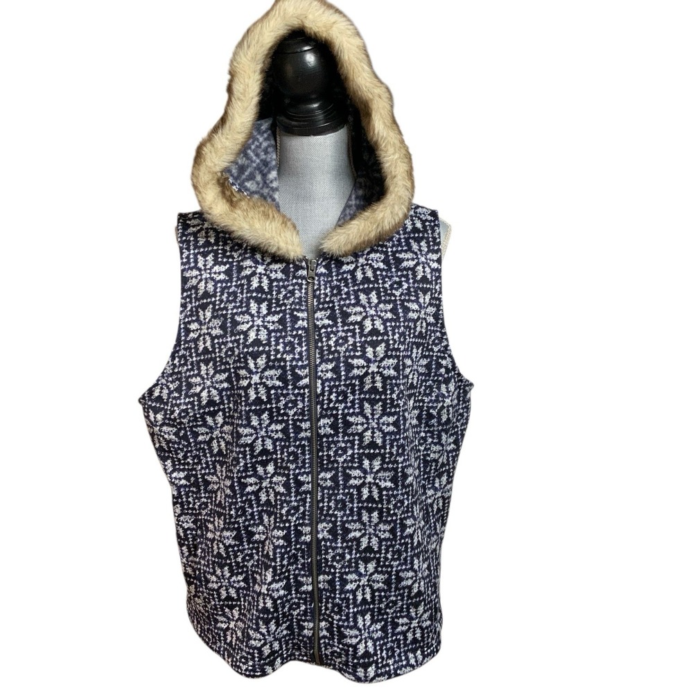 Talbots‎ Knit Vest Full Zip Navy Blue Faux Fur Trim Hood Snow Flake Nordic 2X - Picture 2 of 16
